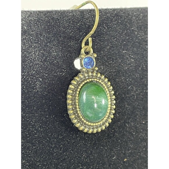 Avon NRT, Necklace & Earring Set Brass Tone, Blue Rhinestone & Green Cabochon - Picture 11 of 16